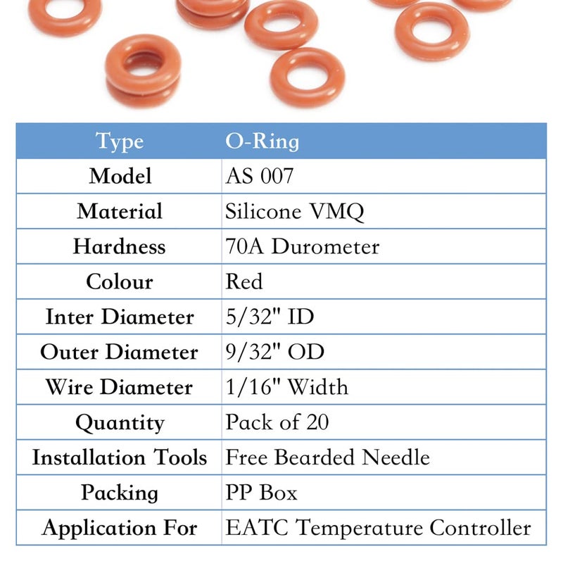 FUSHIPRO 007 Silicone O-Ring, 70A Durometer, Red, 5/32" ID, 9/32" OD, 1/16" Width (Pack of 20), Replacement for EATC Temperature Controller, Free with Installation Tools - Image 2